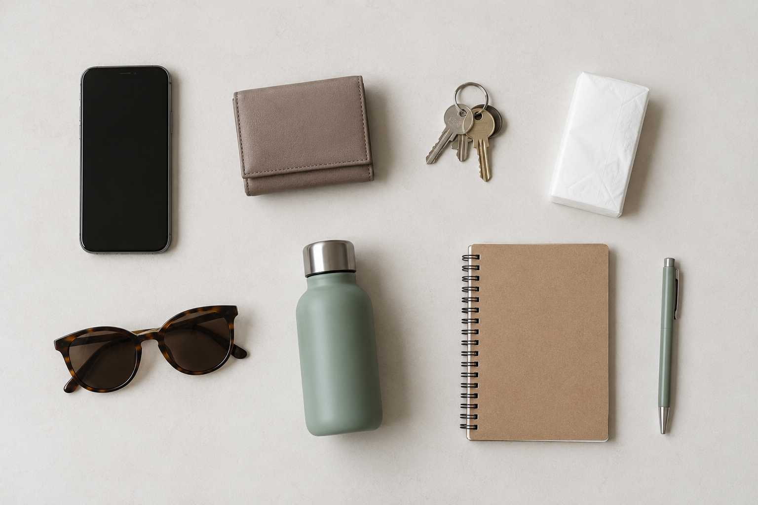 Smartphone, Portemonnaie, Schlüssel, Taschentücher, Sonnenbrille, kleine Flasche, Notizbuch und Stift