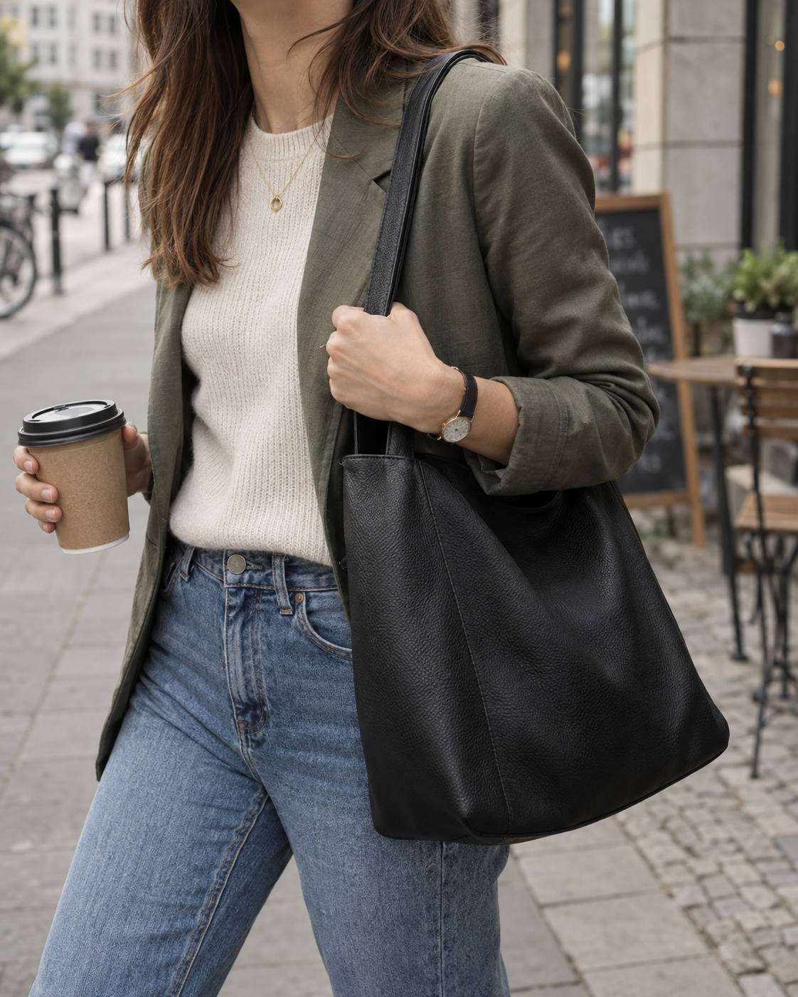 Varelli schwarze Alltagstasche zu einem lässigen Arbeitsoutfit